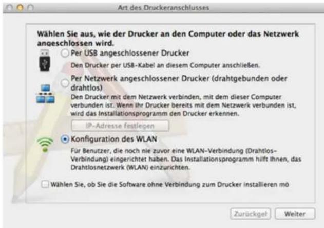 SAMSUNG Xpress M2022 - Wählen Sie Konfiguration des WLAN beim Art des Druckeranschlusses und klicken Sie dann auf Fortfahren. - 1