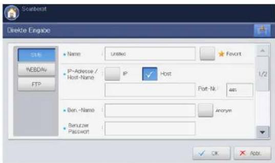 SODER Directe Engabe SUB WEBDAv FTP Name Unitec Favont IP-Adresse / Host-Name IP Host Port-Ni: 465 Ben.-Name Anonym Benutzer Password OK Abbl