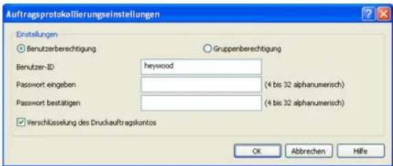 Auftragsprotokolierungseinstellungen Einstellungen Benutzerberechtigung Gruppenberechtigung Benutzer-ID heywood Password eingeben (4 bis 32 alphanumerisch) Password bestätigen (4 bis 32 alphanumerisch) Verschüsselung des Druckauftragskontos OK Abbrechen Hife