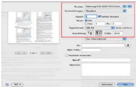 Drucker: Samsung E1X-9250 9350 Serie Vorristellungen: Standard Koppler: 1 Sorbert druckes Seiten: Altie Von: 1 Ra: 1 Paperformat: DIN A4 20.95 x 29.70 cm Ausrichtung: Cröse: 100 % Fax-informationen An: Wahl-Präfa: Deckblatt verwenden Betriff: Nachricht: PDF Abbrachen Fax