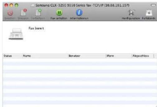 Samsung CLX-9250.9330 Series fax -TCP/IP (10.68.16 L.197) Location Stratios Enterator Fax abhalten Informationer Configuration Futzards Fax bereit Status Name Benutzer Wann Abgeschloss