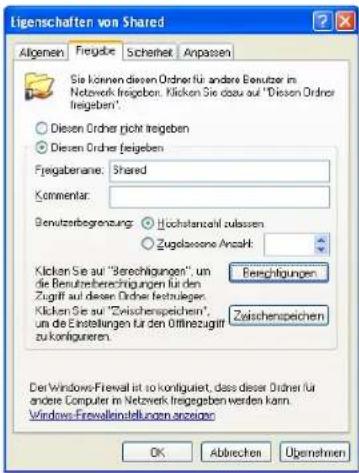 Ligenschaften von Shared Allgemein Freigabe Sicherheit Anpassen Sie können diesen Ordner für andere Benutzer im Netzwerk freigeben. Klicken Sie dazu auf "Diesen Ordner freigeben". ○ Diesen Ordner nicht tregeben ○ Diesen Ordner feigeben Freigaberrane: Shared Kommentar: Benutzerbegrenzung: ○ Hochstanzahl zulassen ○ Zugelassene Anzahl: Klicken Sie auf "Berechigungen", um die Benutzberechnungen für den Zugriff auf dieser Ordner beitruegen. Klicken Sie auf "Zwischenspeichen" um die Erstellungen für den Öffezugänge zu kontigurieren. Berechigungen Zwischenspeichen Der Windows-Firewall ist so kontiguiert, dass dieser Ordner für andere Computer im Netzwerk freigegeben werden kann. Windows-Firewalinstellungen anzeigen OK Abbrechen Übernehmen