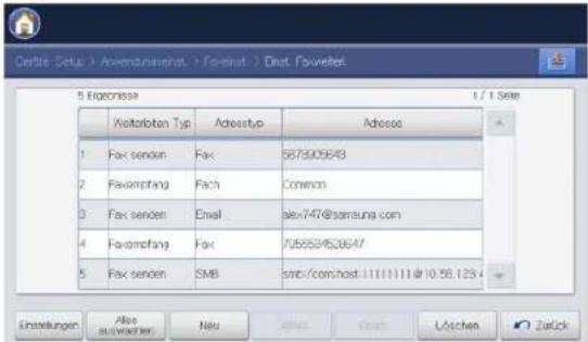 Certric Setup > Anwendungsrechte > Fassent > Dinst. Fassveltet 5 Exportisse 1 / 1 Seite Weltelobten Typ Adesstyp Adesso 1 Fax senden Fax 5873905643 2 Faximpfang Fach Common 3 Fax senden Email tex747@samsung.com 4 Faximpfang Fax 705552452647 5 Fax senden SMB smc:/com/nest:11111111@10.58.1254 Entwicklungen Also auweiter Neu Suisse Fint Löschen Zutick