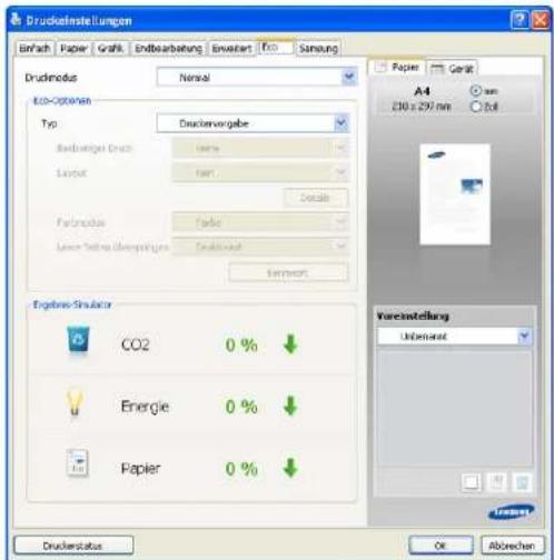 Druckelmstellungen Einfach Paper Graph Endbearbeitung Erweizert Eco Samsung Druckmodus Normal Eco-Optionen Typ Druckvergabe Barbautige Druck Name Layout Raw Details Forkmodus Filter Lower Selene überpassiges Druckwert Reminert Ergebnis Simulator CO2 0 % Energie 0 % Papier 0 % Druckelmittel A4 210 x 297 nm Vareinstellung Unnominal Druckelmittel OK Abbrücken