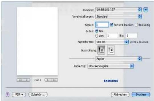 Drucker: 10.88.181.197 Voreinstellungen: Standard Kopien: 1 Sortiert drucken Beidseitig Seiten: Alw Von: 1 Bis: 1 Papierformat: DIN A4 23,39 x 29,70 cm Ausrichtung: Papier Papiertyp: Druckervorgabe SAMSUNG PDF Zubehör ... Abbreven Drucken