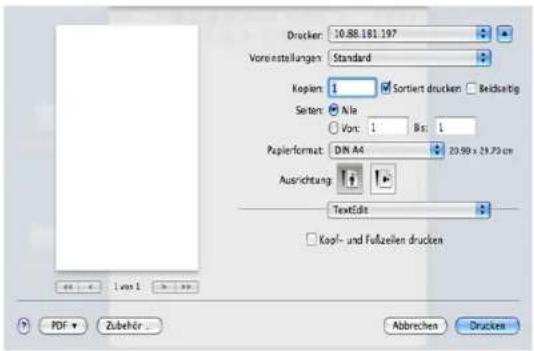 Drucker: 10.88.181.197 Voreinstellungen: Standard Koplan: 1 Sortiert drucken: Beizsichtig Seiten: A/e Vor: 1 Bis: 1 Papierformat: DIN A4 20.99 x 29.70 cm Ausrichtung: TextEdit Kopf- und Fußzeilen drucken PDF Zubehör Abbrechen Drucken