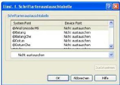 Inst. 1. Schrifartiertaustauschlabelle Schriftartenaustauschlabelle System Font Device Font @Arial Unicode MS Nicht austauschen @Batang Nicht austauschen @BatangChe Nicht austauschen @Cotun Nicht austauschen @CotunChe Nicht austauschen Nicht austauschen Startupschzen OK Abbrechen Hife