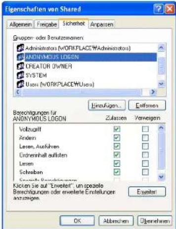 Figschaften von Shared Allgemeine Freigabe Sicherheit Anpassen Gruppen- oder Berufzeinamen: Administrators (WORKPLACEWAdministrators) ANONYMOUS LOGON CREATOR OWNER SYSTEM Users (WORKPLACEWUsers) Berechtigungen für ANONYMOUS LOGON Zulassen Verweigen Vollzuaff ✓ Andern ✓ Lesen, Ausführen ✓ Ordnerinhalt aufkaten ✓ Lesen ✓ Schreiben ✓ Kosten Sie auf "Erweiter", um spezierte Berechtigungen oder erweitere Einstellungen anzusagen. Einzuflagen... Erfassen Exveilen OK Abbrevien Obernehmen