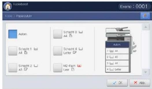 Koletberat Exmo : 0001 Papierzufuhr Auto1 Schmidt 1 A4 Schmidt 2 A5 M2-Fach User Auto2 1 A4 2 A3 3 A2 4 Letter OK Abbr