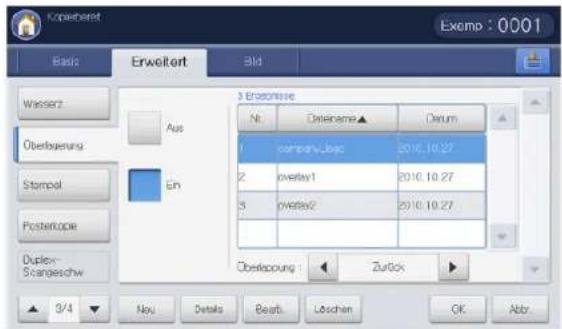 Kopierberet Exemp : 0001 Basis Erweitert Bild Wasserz Aus Obertragung Stempel Ein 3 Erwartere Nr. Datemeine▲ Datum 1 companyUbsyc 2016.10.27 3 overlay1 2016.10.27 4 overlay2 2016.10.27 Obstellung: Zurück 3/4 Neu Details Beats Löschen OK Abbr.