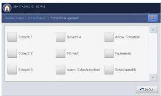 06-17-2010 01:39 PM Schacht-Stop > Schacht-Start > Schachtmanagement Schacht 1 Schacht 4 Autom. Forsetzen Schacht 2 MZ-Fech Papierensatz Schacht 3 Autom. Schachwechsel Schechtersortät Zurück