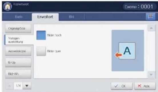 Kopierbest Bads Erwaltort Bid Organisgrößte Yorlagen ausrichtung Auswerkspiele N-Up Bid-Wh. 1/4 Bilder hoch Bilder quer ✓ OK ✗ Add.