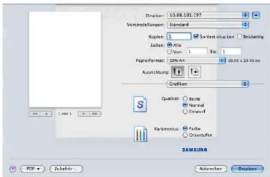 Drucker: 10.86.181.197 Vorsimstellungen: Standard Kopien: 1 Sortient drucken Beizbeligt Soften: Alle Von: 1 Bas: 1 Papierformat: DIN A4 20.95 x 23.70 cm Ausrichtung: Grafiken Qualität: Seite Normal Entworf Carbonodus: Falle Craustufen SAMSIUNG PDF Zubehör... Abtrechen Druckers