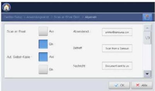 Scan at Email Aut. Sebst-Kopie Aus Ein Aus Ein Abwandend: Befreff Nachricht Printer@Samsung.com Scan from a Samsung Document sent to yo OK Abin