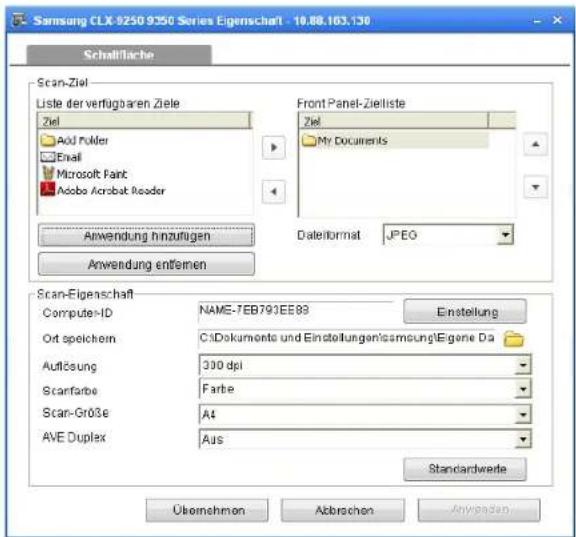 Samsung CLX-9250 9350 Series Eigenschaft - 10.86.103.130 Schaltfläche Scan-Ziel Liste der verfügbaren Ziele Ziel Add Folder Email Microsoft Paint Adobe Acrobat Reader Front Panel-Zielliste Ziel My Documents Anwendung hinzulgen Dateformat JPEG Anwendung entfernen Scan-Eigenschaft Compute-ID NAME-7EB793EE89 Einstellung Ort speichem C:\Dokumente und Einstellungen\samsung\Eigene Da Auflösung 300 dpi Scanfarbe Farbe Scan-Größe A4 AVE Duplex Aus Standardwerte Übernehmen Abbreschen Anwendungen