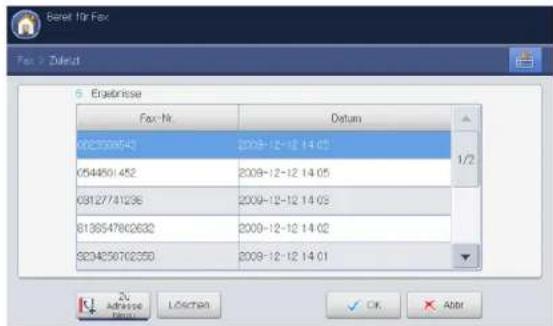 Benefir for Fax Fax > Zulard 5. Ergebnisse Fax: Nr. Datum 082509643 2008-12-12 14:05 05448501452 2008-12-12 14:05 08127741236 2008-12-12 14:03 81385478C2632 2000-12-12 14:02 920482507G2350 2008-12-12 14:01 1/2 2% Adresse Press Location OK Abbr