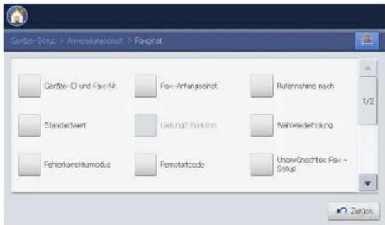 Geräte-Setup > Anwendungssinst > Favorinat Geräte-ID und Fax-Nr. Fax-Arfangaseinst. Rufannahmo nach Standover Letraug2 Funktion Wertwiederstellung Fehiorkorektumodus Fornotartzcode Unwünschtes Fax - Setup Zurück