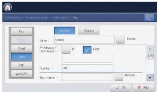 Geoffrecht für Averdurchschnitt > Adreduch > Neu Fax Email SMS FTP WeCAY Erosene Gruppe Name : untitled P-Adress / Host-Name : IP Host Port-Nr : 46 Bcn -Name : Anonym ✓ OK × Abbr