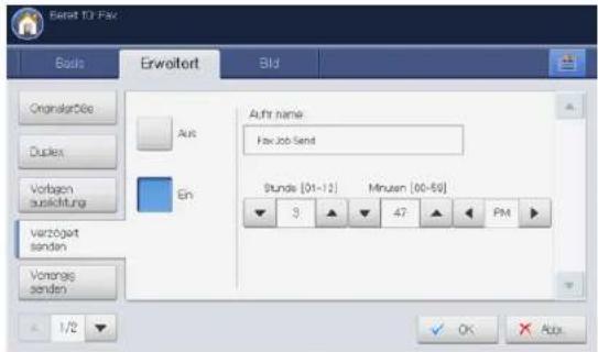 Basis IT For Fax Basis Erweitert Bid Originalitäts Duplex Vorlagen auskühlung verzögelt senden Vorrages senden Aufn name: Fax Job Send Stunde [01-12] Minuern [00-59] 3 47 PM 1/2 OK Apply