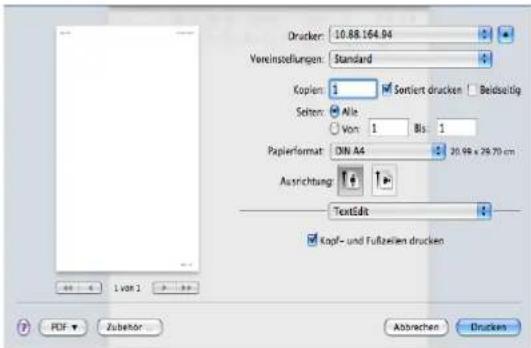 Drucker: 10.88.164.94 Vereinstellungen: Standard Kopien: 1 Sortiert drucken Beldsichtig Seiten: Alle Von: 1 Bis: 1 Papierformat: DN A4 20.99 x 28.70 cm Ausrichtung: TextEdit Kopf- und Fußzeilen drucken 1 von 1 1 Abbrachen Drucken