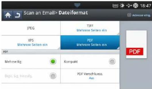 Scan an Email> Dateiformat JPEG XPS Mehrere Seiten ein PDF Mehrseitig Kompakt Digit. Sie. hinzalls. PDF Verschluess. Aus TJFF Mehrere Seiten ein PDF Mehrere Seiten ein PDF 18:47