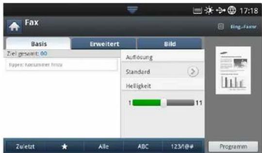 Fax Basis Erweitert Bild Ziel gesamt: 00 Fügser: Forderanmer fimpi Auflösung Standard Helligkeit 1 11 Zuletzt Alle ABC 123/0# Programm