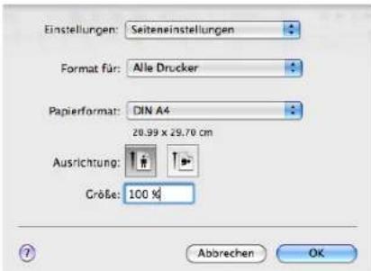 Einstellungen: Seiteneinstellungen Format für: Alle Drucker Papierformat: DIN A4 20.99 x 29.70 cm Ausrichtung: Größe: 100 % ? Abbrechen OK
