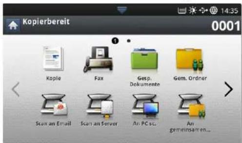 Kopierbereit 0001 Kople Fax Gesp. Dokumente Gem. Ordner Scan an Email Scan an Server An PC sc. An gemeinsamen...