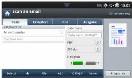 Scan an Email Basis Erweitert Bild Ausgabe Zielgesamt 00 An mich senden Tip: Email bindu Datename Unbenannt_DOMMYY... PDF 300 dpi Helligkeit 1 11 Zuletzt Alle ABC 123/# Server Programm