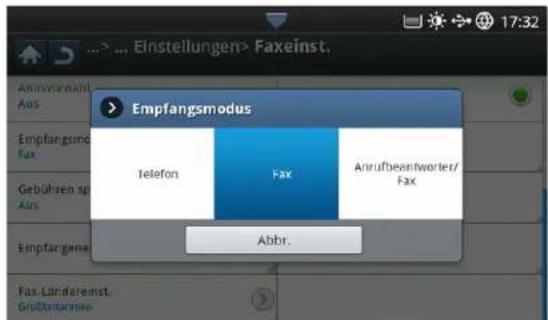 Empfangsmodus Telefon Fax Anrufbeantwörter/ Fax Abbr. Fax-Lindereinst. Großbritannien