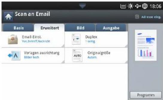 Scan an Email Basis Erweitert Bild Ausgabe Email-Einst. Yor, Betreff, Nachricht Duplex 1-sellig Vorlagen ausrichtung Bilder hoch AUTO Originalgröße Autom. Programm