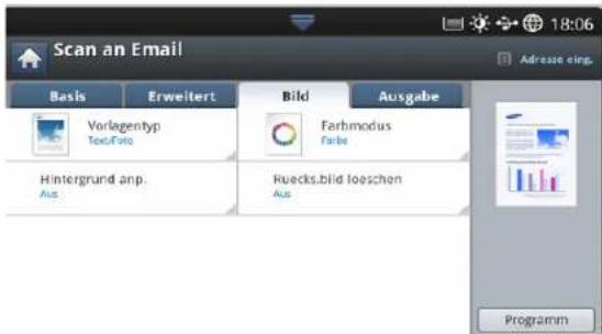 Scan an Email Basis Erweitert Bild Ausgabe Vorlagentyp TextFoto Farbmodus Farbe Hintergrund anp. Aus Ruecks.bild loeschen Aus Programm
