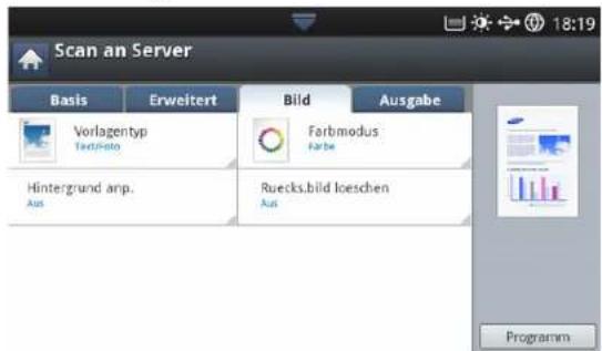 Scan an Server Basis Erweitert Bild Ausgabe Vorlagentyp Tsdrueto Farbmodus Hintergrund anp. Aus Ruecks.bild loeschen Aus Programm