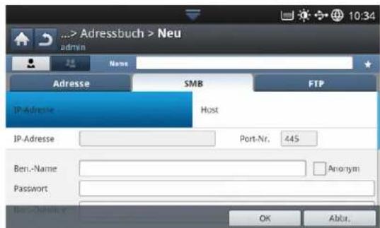 Adressbuch > Neu admin Name Adresse SMB FTP IP-Adresse Host IP-Adresse Port-Nr. 445 Ben.-Name Anonymous Password OK Abbr.
