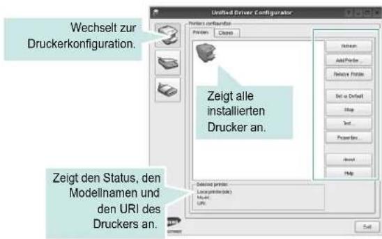 Wechselt zur Druckerkonfiguration. Zeigt alle installierten Drucker an. Zeigt den Status, den Modellnamen und den URI des Druckers an. Selected printer: Local printing(a) Muto: Luty.