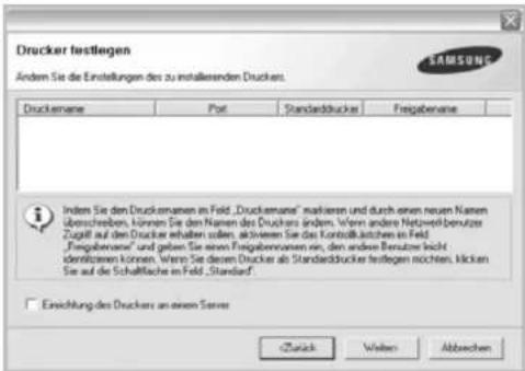 Drucker testlegen Ändern Sie die Einstellungen des zu installierenden Druckers. Druckemane Pot Standarddrucker Freigabennere Inden Sie den Druckemanen im Feld „Druckemane“ markieren und durch einen neuen Namen überschreiben, können Sie den Namen des Druckers anders. Wenn andere Netzweit-benütze Zugli auf den Drucker erhalten sollen, aktivenen Sie das Kontrollkosten in Feld „Fregabennere“ und geben Sie einen Freigabennellen ein, den anderen Bensütze leicht identifizieren können. Wenn Sie deren Drucker als Standeddrucker testlegen möchten, können Sie auf die Schafflache im Feld „Standard". Einsichtung des Druckers an einem Server Üzück Walten Abbrachen