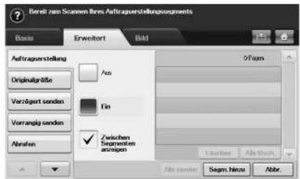 Bereit zum Scannen Jahres Auftragsstellungsegment Basis Erweitort Bild Auftragsstellung Originalgröße Verzögert senden Vorrangig senden Abrafen Aus Ein Zwischen Segmenten anlagen 9 Fams 1.0000 Alle sindan Segen Hinzu Abbr.