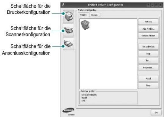 Schaltfläche für die Druckerkonfiguration Schaltfläche für die Scannerkonfiguration Schaltfläche für die Anschlusskonfiguration Unified Driver Configurator Fridians: 0.0000 Refresh Add Print... Remove Printer Set as Default Copy Text... Properties... About Help Selected printer: Localrunner(Side) Model: U111 Exit
