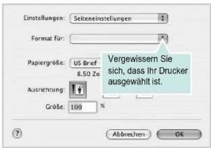 Einstellungen: Seiteneinstellungen Format für: Papiergröße: US Brief 8.50 Zo Ausrichtung: Größe: 100 % Vergewissern Sie sich, dass Ihr Drucker ausgewählt ist. Abbrechen OK