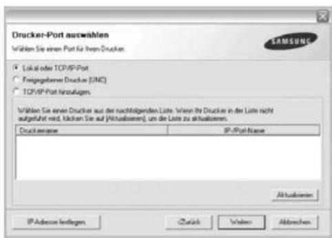 Drucker-Port auswählen Wählen Sie einen Port für Ihrem Drucker. Lokai oder TCP/IP-Port Feitzegelbene Druckes (JNC) TCP/IP-Port Inzuulagen Wählen Sie einen Drucker aus der nachfolgenden Liste. Wen wir die Druckes in der Liste nicht aufgeführt, möchten Sie auf [Aktualisierten], um die Liste zu aktualisierten. Druckense IP-Port-Name Aktualisierten IP-Adverse fennlagen ZuSick Verlag Abbrachen