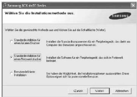 22 Samsung SCX-6.0/SCX Series Wählen Sie die Installationsmethode aus. Wählen Sie die gewinsechts Methode aus und können Sie auf die Schaffische (Meta) Standardinstellungen für einen lokaten Drucker Installier die Standard Komponenten für ein Peripherigkeit, des direkt an Computer des Benutzers angeleihenden in. Standardinstellungen für einen Netwerkdruckel Installier die Software für ein Peripherigkeit, des sich im Network befindet. Benutzesdefinierte Installation Se haben de Möglichkeit, die Installationsoptionen auszuwählen. Diese Option eigelt sich für patenzurelle Einkommen. Zurück Waters Abbrachen