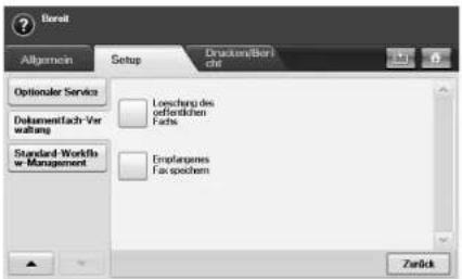 Bereit Allgemein Setup Drucken/Bereit Optionaler Service Dokumentfach-Verwaltung Standard-Workflo w-Management Lenschung des zufürklichen Falls Emplagenes Fax spichern Zurück