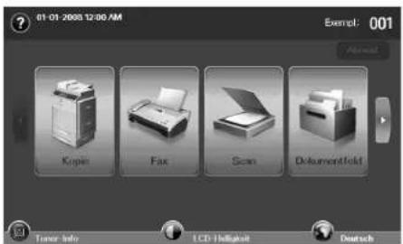 01.01 2008 12:00 AM Exempl: 001 Kupie Fax Scan Dokumentfold Timer Info LCD-Hallakelt Deutsch