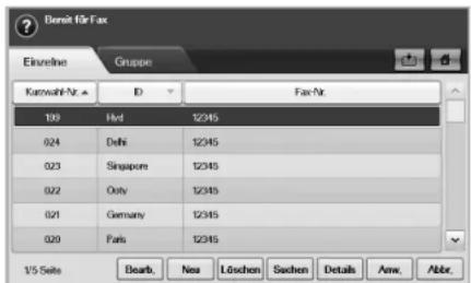 Densit für Fax Einstellme Gruppe Kurzvahl-Nr. ▲ ID Fax-Nr. 109 Hrd 12345 024 Delhi 12345 023 Singapore 12345 022 Only 12345 021 Germany 12345 020 Fark 12345 1/5 Seite Bearb. Neu Löschen Sachen Details Anw. Abbr.