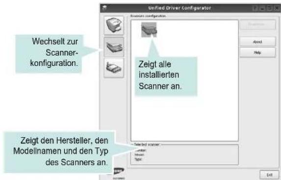 Wechselt zur Scanner- konfiguration. Zeigt alle installierten Scanner an. Zeigt den Hersteller, den Modellnamen und den Typ des Scanners an. Unified Driver Configurator Scaners configuration Selected scanner: Modelen Type:
