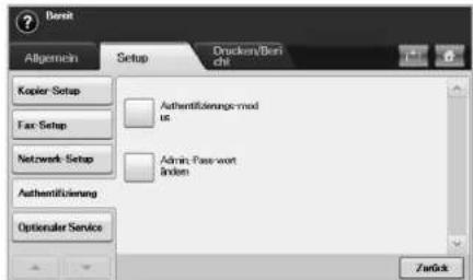 Densit Allgemein Setup Drucken/Denit Kopier Setup Fax Setup Network Setup Authentiführung Admin: Pass-wort dizen Optionaler Service Zurück