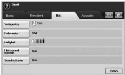 Densit Basis Erweibert Bild Ausgabe Verlapentyp Text Farbmodus S/W Helligkeit Hintergrund löschern Aus Scan bis Kante Aus Zußick