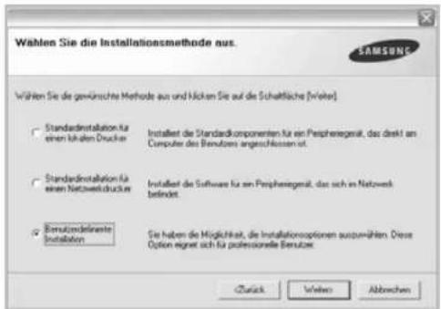 Wählen Sie die Installationsmethode aus. Wählen Sie die gewürschte Methode aus und Nücken Sie auf die Schaffläche [Miofer] Standard Installation für einen kühlen Drucker Installiert die Standardkonsponenien für ein Peripheriegerät, das direkt am Computer des Benutzern angezahres ist. Standard Installation für einen Netzweizdruckes Installiert die Software für ein Peripheriegerät, das sich im Netzwerk behindet. Benutzredefinente Installation Sie haben die Möglichkeit, die Installationsoptionen auswählen. Diese Option eignet sich für politorelle Berufze. Zurück Verlust Abbruchten
