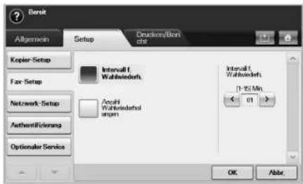 Berk Allgemein Setup Druckon/Berk Kopier Setup Fax Setup Network Setup Authentication Optionaler Service Interval f. Wahlwiederfs Interval f. Wahlwiederfs (1-52 Min) 01 OK Abbr