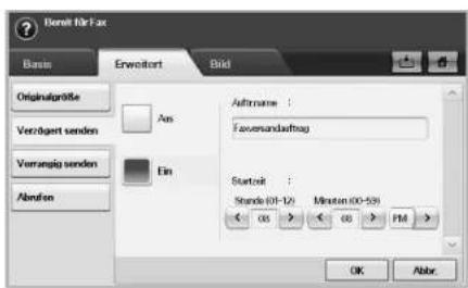Bereit für Fax Basis Erweitort Bild Originalgröße An Verzügert senden Verrangig senden Abrufen Aufname : Favverskauftrag Startzeit : Standle (01-12) Minuten (00-53) OK Abbr.